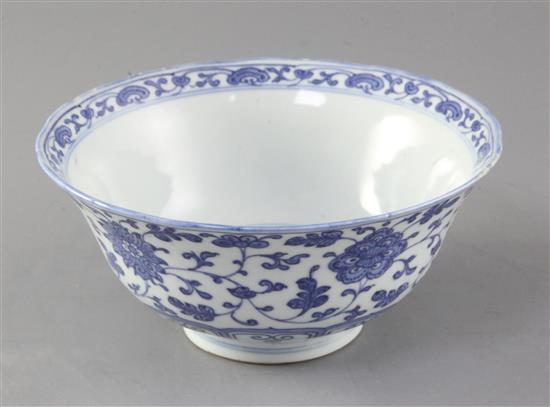 A Chinese Ming style blue and white bowl, Qianlong seal mark and of the period (1736-95), 18cm